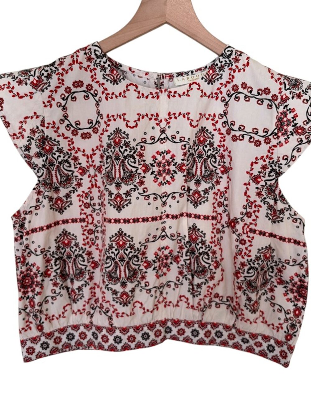 LaRoque Cream Red Printed Quilted Cap Sleeve Faire Blouse